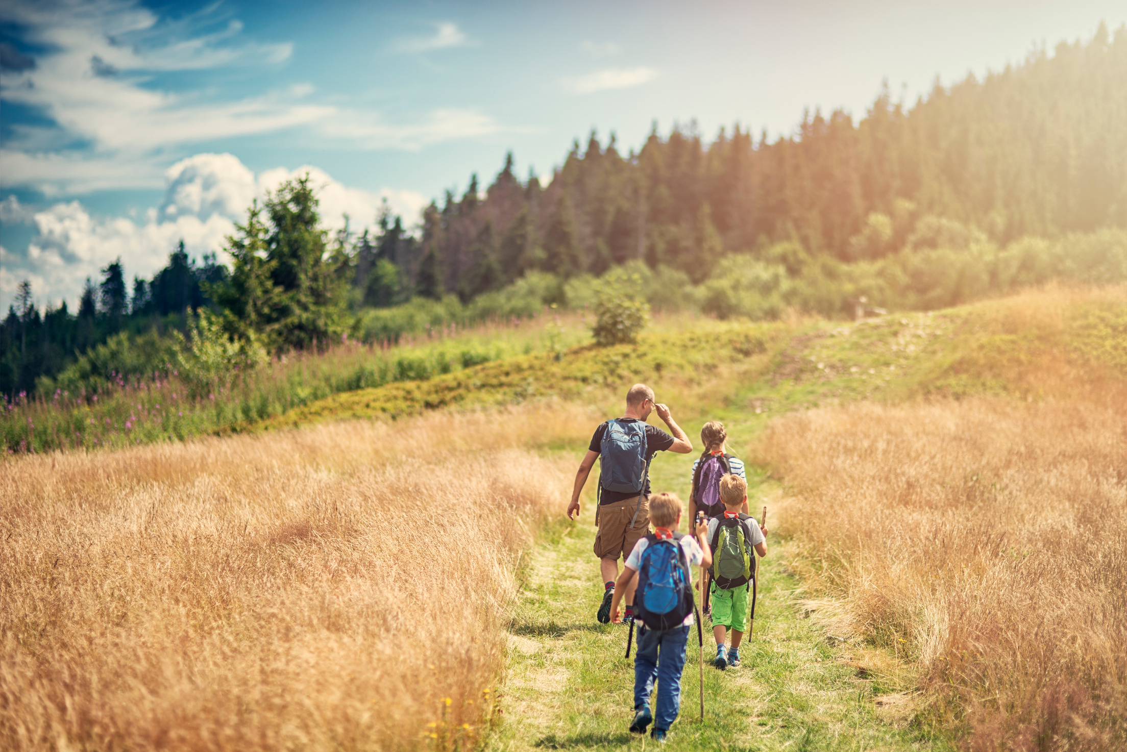 Father with kids hiking in beautiful nature